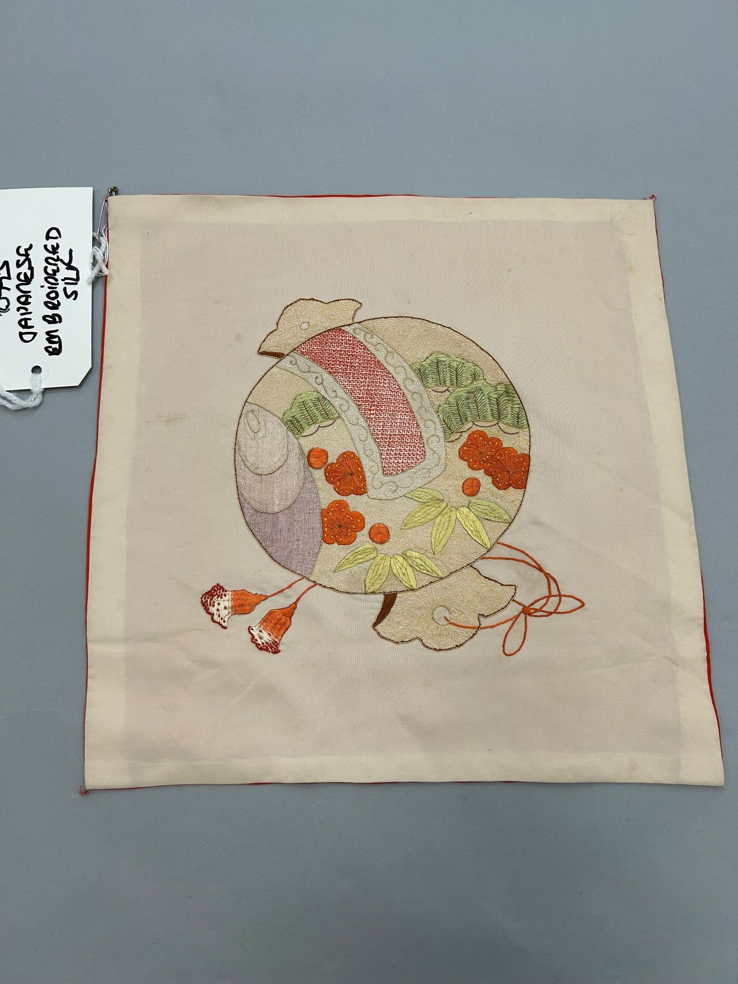 Japan, Embroidered Silk Textile: Japan, embroidered silk textile, 14"l X 14"w Provenance: From the estate of Dr. Philip Gould , New York