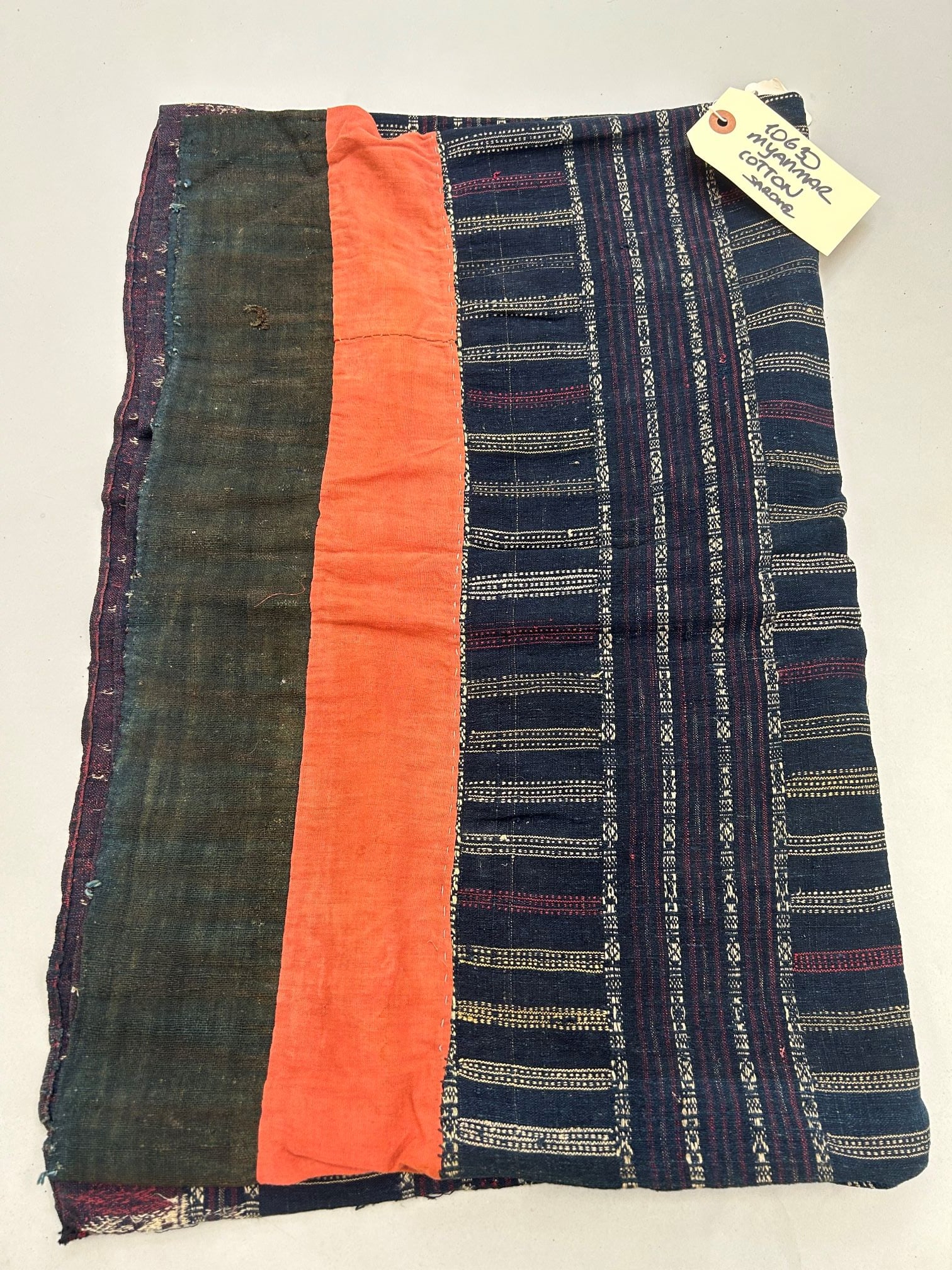 Myanmar, Embroidered Cotton and Silk Sarong: Myanmar, embroidered cotton and silk sarong, 30.5"l x 24"w Provenance: From the estate of Dr. Philip Gould , New York