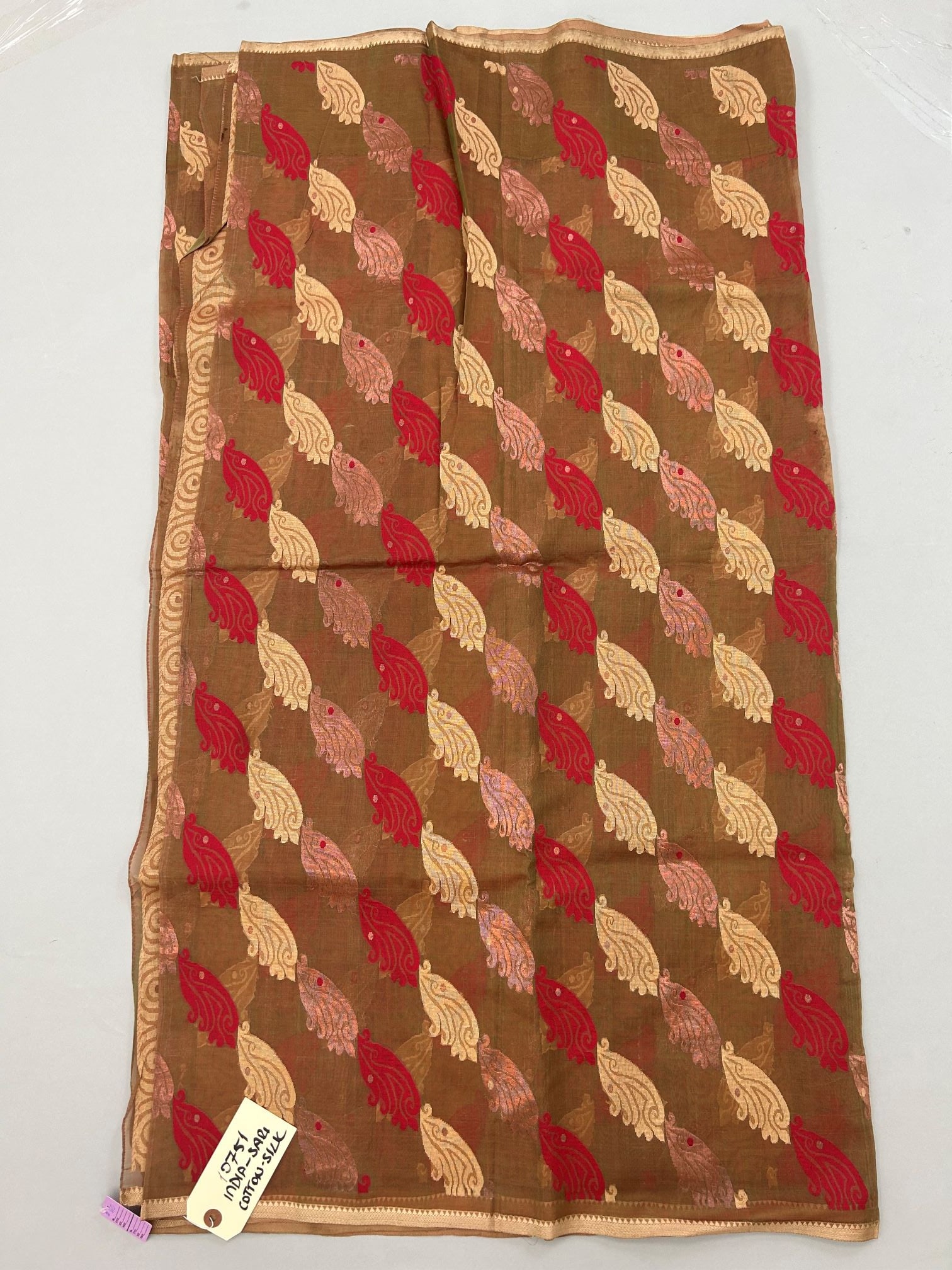 India, Silk and Cotton Sari with Metal Bronze Tone Pattern: India, silk and cotton sari with metal bronze tone pattern, 200"l x 46"w Provenance: From the estate of Dr. Philip Gould , New York