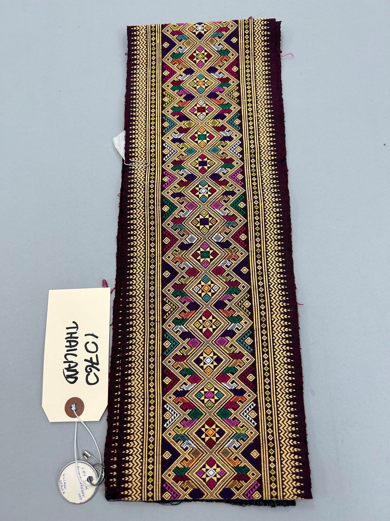 Laos, Savannakhet, Lao Silk Accessory with 12 colors: Laos, Savannakhet, Lao silk accessory with 12 colors, 66"l x 5.5"w Provenance: From the estate of Dr. Philip Gould , New York
