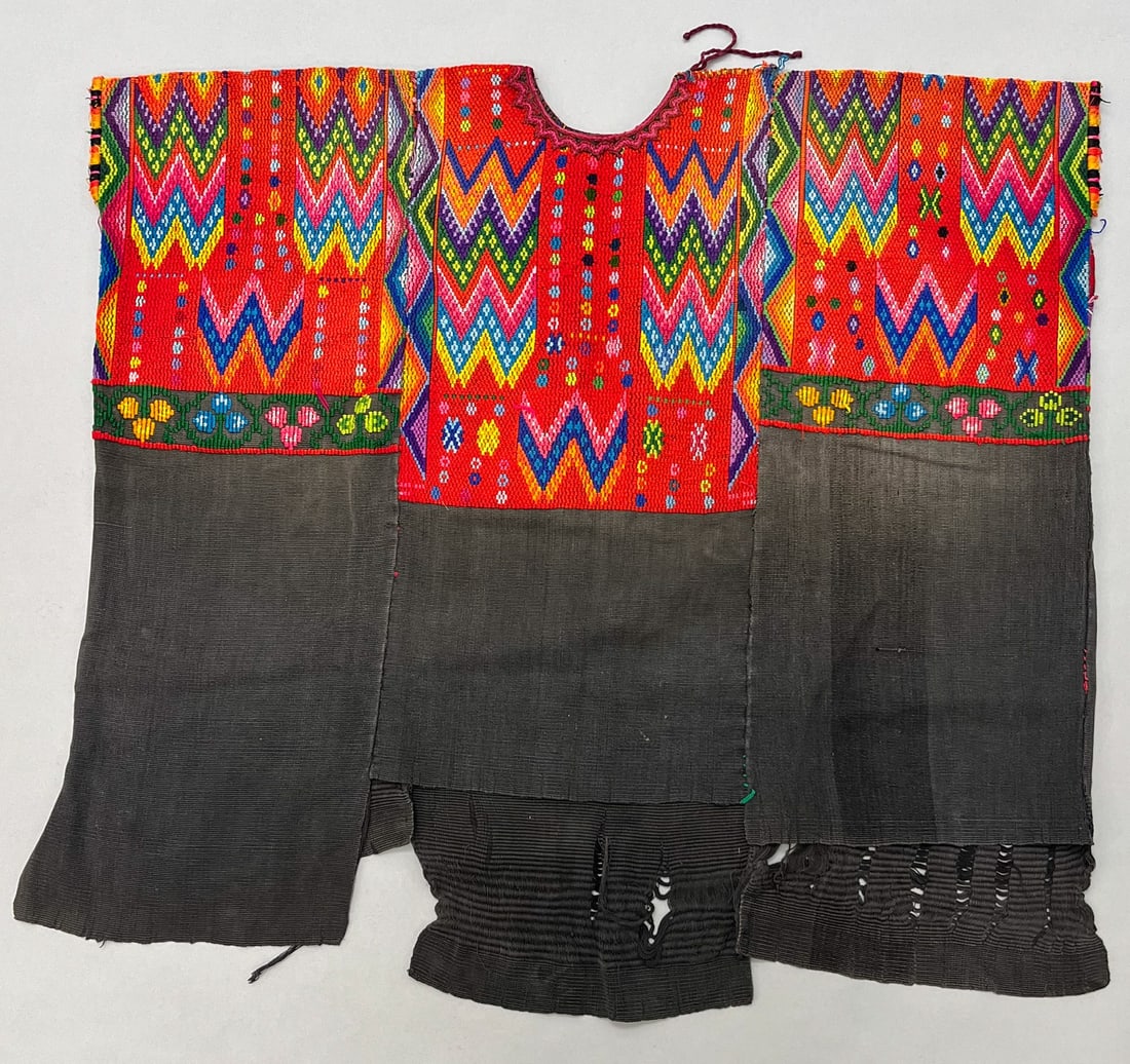 Chichicastenango, El Quiche Department, Guatemala, Vintage Woven Cotton "Huipil" Tunic: Chichicastenango, El Quiche Department, Guatemala, vintage woven cotton "Huipil" tunic, faded black bottom with geometric vibrant tones, 25"l x 28"w PROVENANCE:From the estate of Professor Philip Goul