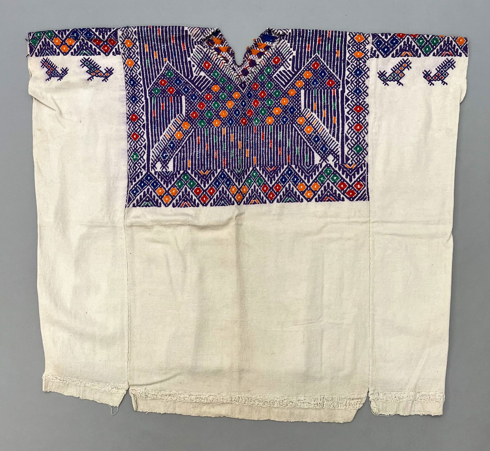 Nahuala, Solola, Guatemala, Vintage Woven Undyed Cotton "Huipil" Tunic Embroidered with Symbolic: Nahuala, Solola, Guatemala, vintage woven undyed cotton "Huipil" tunic embroidered with symbolic birds motif, 27"l x 29"w PROVENANCE:From the estate of Professor Philip Gould, New York