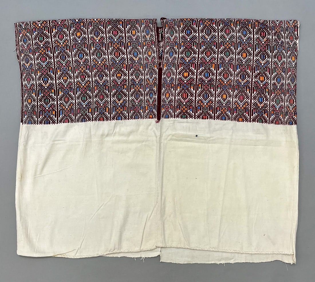 Nahuala, Solola, Guatemala, Vintage Woven Undyed Cotton "Huipil" Tunic Embroidered with Symbolic: Nahuala, Solola, Guatemala, vintage woven undyed cotton "Huipil" tunic embroidered with symbolic motifs, 30"l x 34"w PROVENANCE:From the estate of Professor Philip Gould, New York
