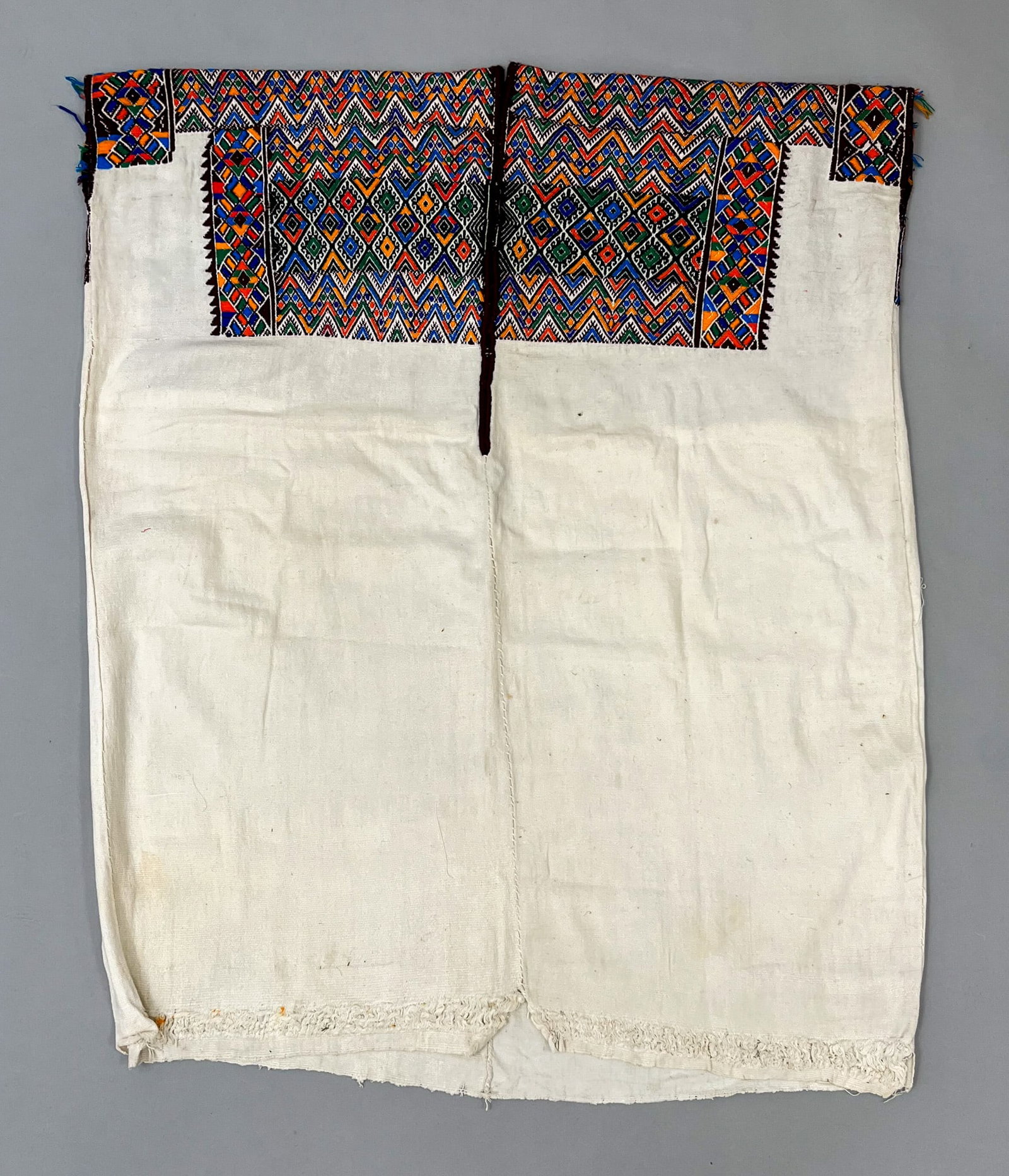 Nahuala, Solola, Guatemala, Vintage Woven Undyed Cotton Long "Huipil" Tunic Embroidered with: Nahuala, Solola, Guatemala, vintage woven undyed cotton long "Huipil" tunic embroidered with symbolic geometric vibrant colors pattern, 36"l x 28"w PROVENANCE:From the estate of Professor Philip Gould