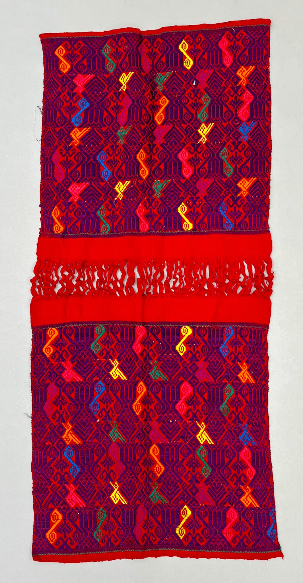 San Martin Sacatepequez, Quetzaltenango, Guatemala, Vintage Woven Cotton Textile: San Martin Sacatepequez, Quetzaltenango, Guatemala, vintage woven cotton textile, red ground with multicolor geometric pattern, 33"l x 14"w PROVENANCE:From the estate of Professor Philip Gould, New Yo