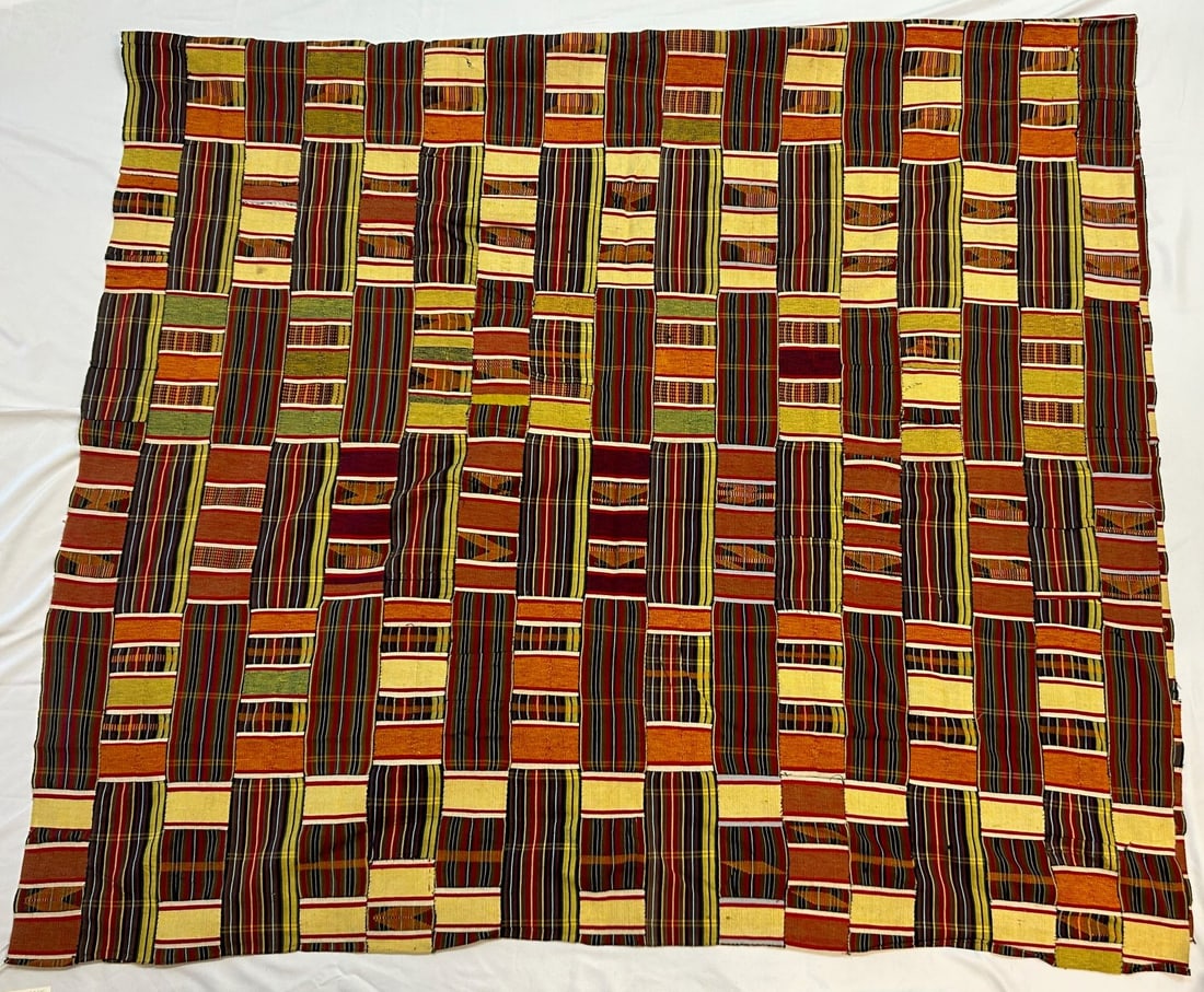 Ewe Peoples Kente Woven Textile: Kente woven textile, Ewe people, Togo, Africa. Likely mid-20th century. Approximate size, 124" x 67" PROVENANCE: From the estate of Dr. Philip Gould, New York
