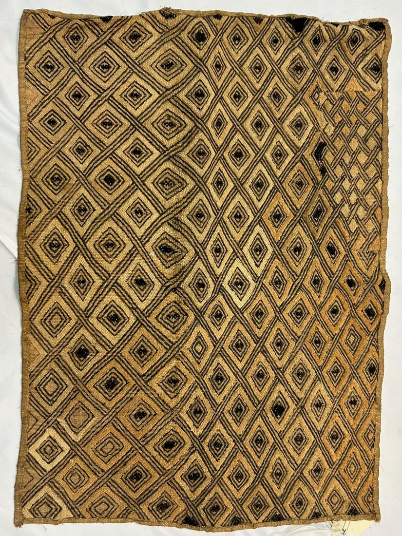 Kuba Peoples Embroidered Raffia Textile: Kuba peoples, Democratic Republic of the Congo, Central Africa, cut-pile embroidered raffia textile, likely first half of the 20th century, 23" x 22" PROVENANCE: From the estate of Dr. Philip Gould, N