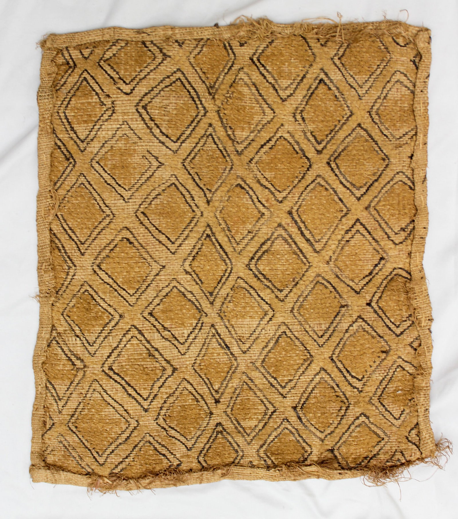 Kuba Peoples Embroidered Raffia Textile: Kuba peoples, Democratic Republic of the Congo, Central Africa, cut-pile embroidered raffia textile, likely first half of the 20th century. Approximate size, 14" x16" PROVENANCE: From the estate of Dr