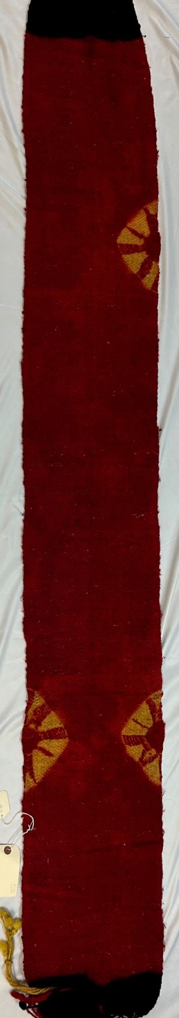 Woven belt, wool, tie-dyed, Morocco: Woven belt, wool, tie-dyed, Morocco, North Africa, likely mid-20th century. Approximate size, 12" x 88" PROVENANCE: From the estate of Dr. Philip Gould, New York