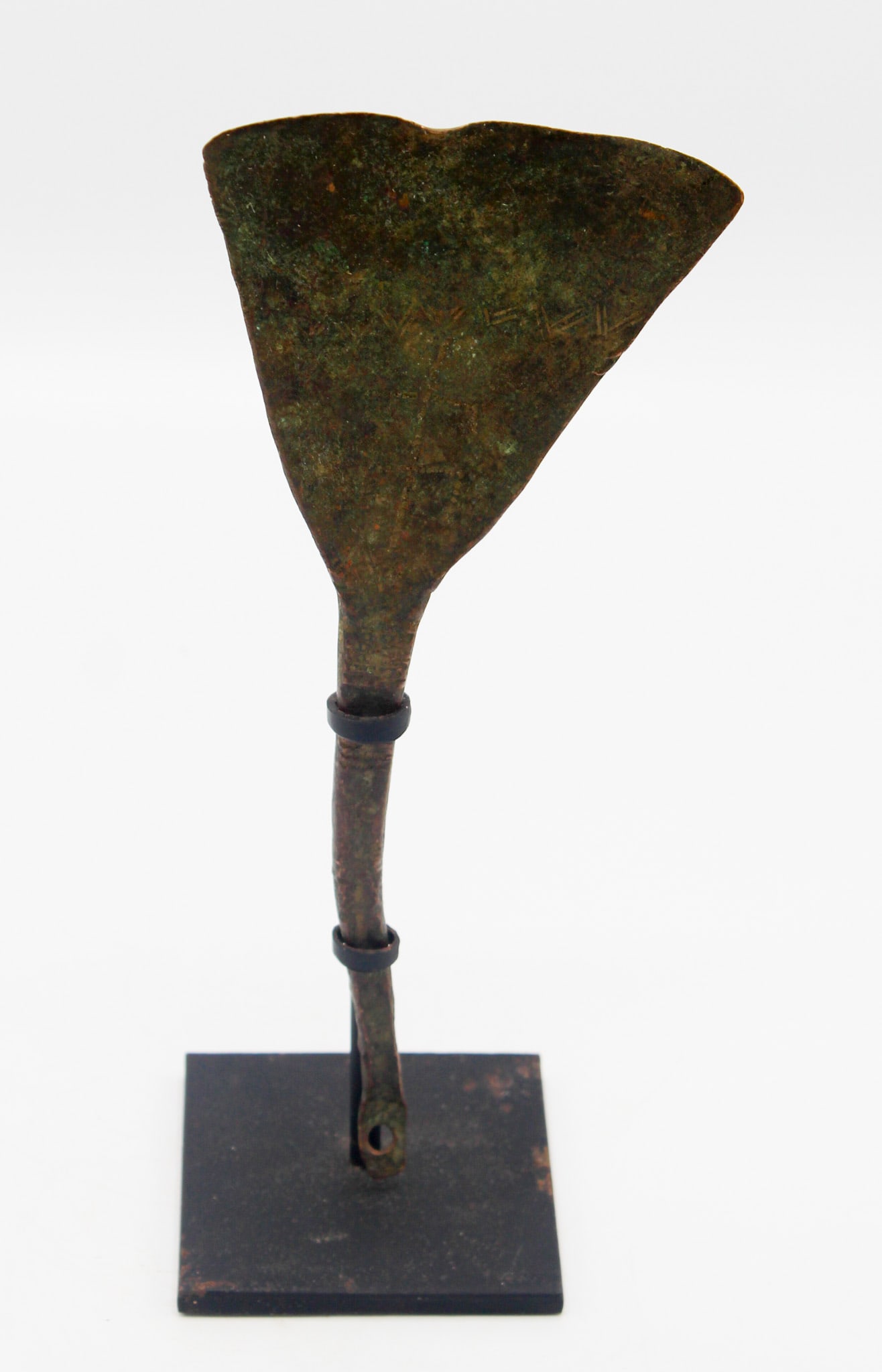 Copper Blade, Unconfirmed Culture, likely West or Central Africa,: Copper blade, engraved with geometric and zoomorphic forms, unconfirmed culture, likely West or Central Africa, likely 19th century or early 20th century. Approximate size 9.25" (9.5" on custom stand)