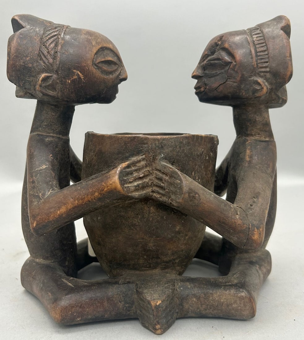 Luba Peoples Style, Carved Wood Figures with Bowl, Democratic Republic of the Congo, Central Africa (1 of 5)