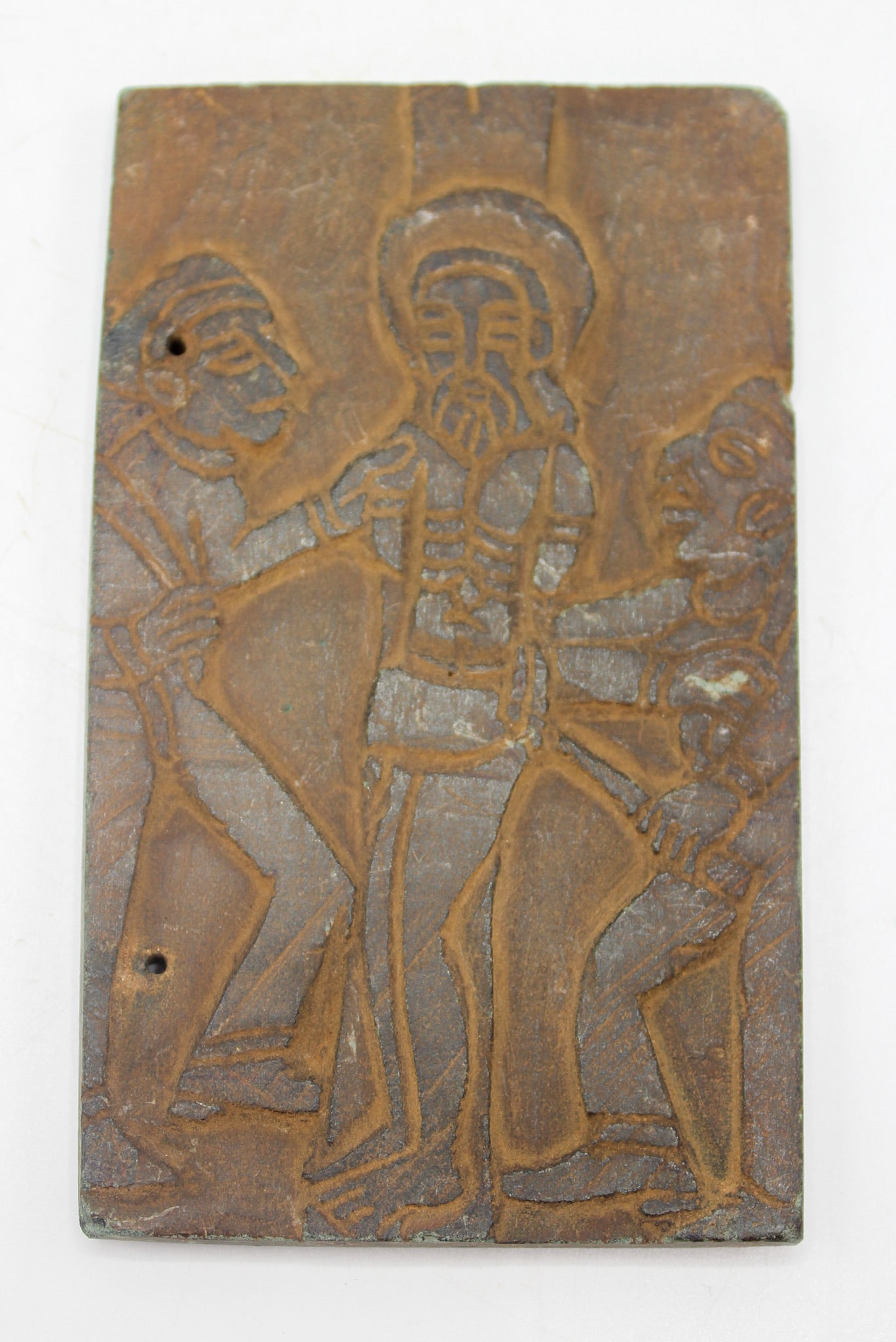 Carved Stone, Believed to be African: Carved stone, believed to be African, featuring central Christian cross on one side, surrounded by four additional crosses with ornate border decoration, and a scene of Christ’s crucifixion on the o