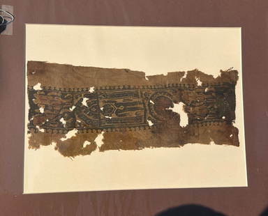 3rd - 10th Century Coptic Textile Fragment, Egypt, North Africa: 3rd - 10th Century Coptic textile fragment, decorative panel with human figures, Egypt, North Africa. Approximate size 15"H x 6"W, with a mat with outside dimensions 20"H x 16"W. PROVENANCE: From the