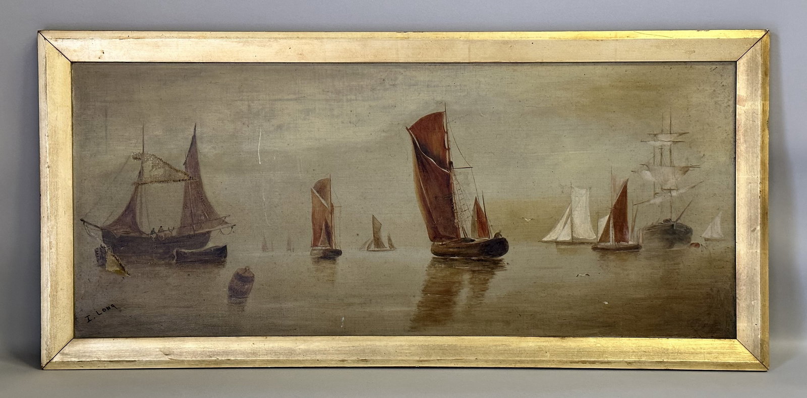 19th Century Antique I. LONG British School Seascape With Sailboats Oil Canvas Painting: Oil on Canvas. G Rowney + Co London Stamp verso. Sight:14" x 33" Frame: 17" x 36"
