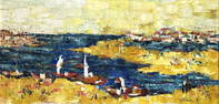 Vintage M.H. SCHRECK Mid Century Abstract "Antibes" Cote d'Azur France Seascape Sailboats