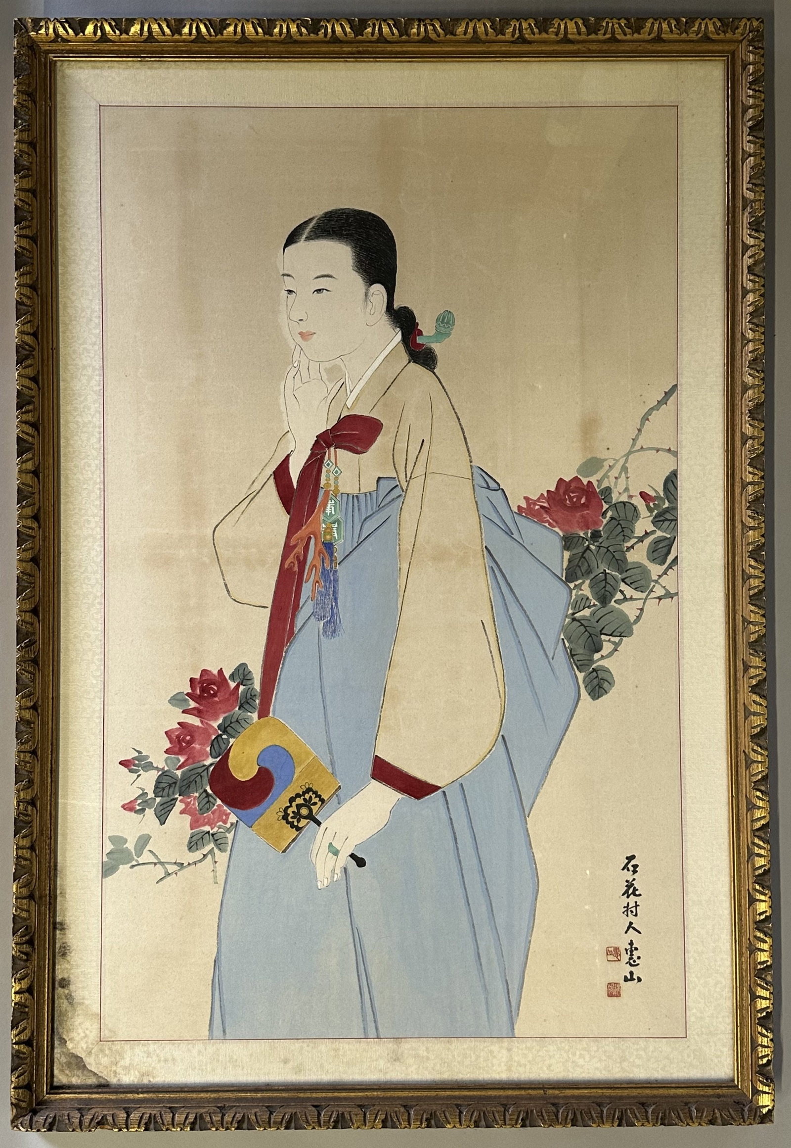 Vintage Japanese Watercolor Ink Portrait Woman Lotus Flower Hair Coral Necklace Fan Rose (1 of 10)