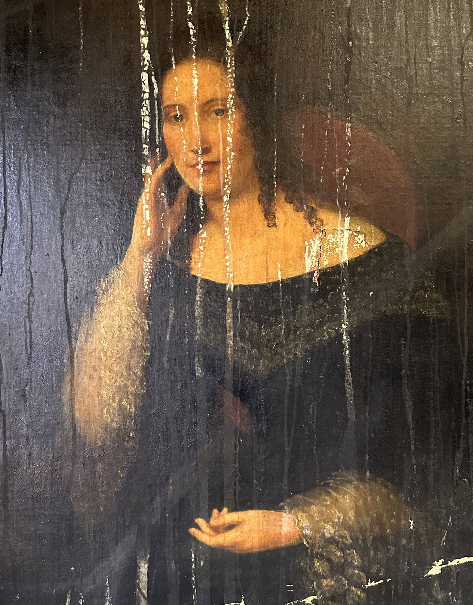 19th Century Antique Oil Portrait Pretty Woman Seated Dated 1842 King For Restoration: Oil on canvas mounted on masonite board. Signed pencil verso dated 1842 by King. Condition issues as pictured. Sight: 36" x 30"