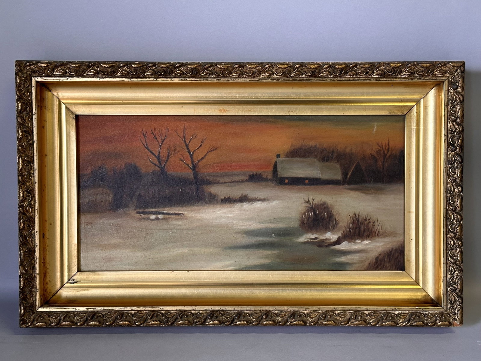Circa 1900-1920 Antique Impressionist Winter Landscape with Snow Covered Cabin in the Woods (1 of 7)