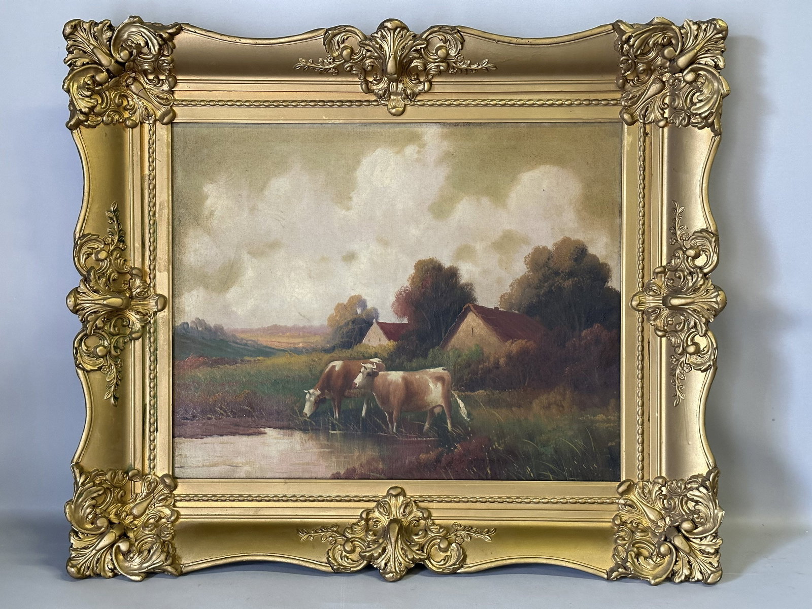 Vintage 1930's -1940's Era Landscape with Cows Drinking At Pond in Ornate Frame (1 of 7)