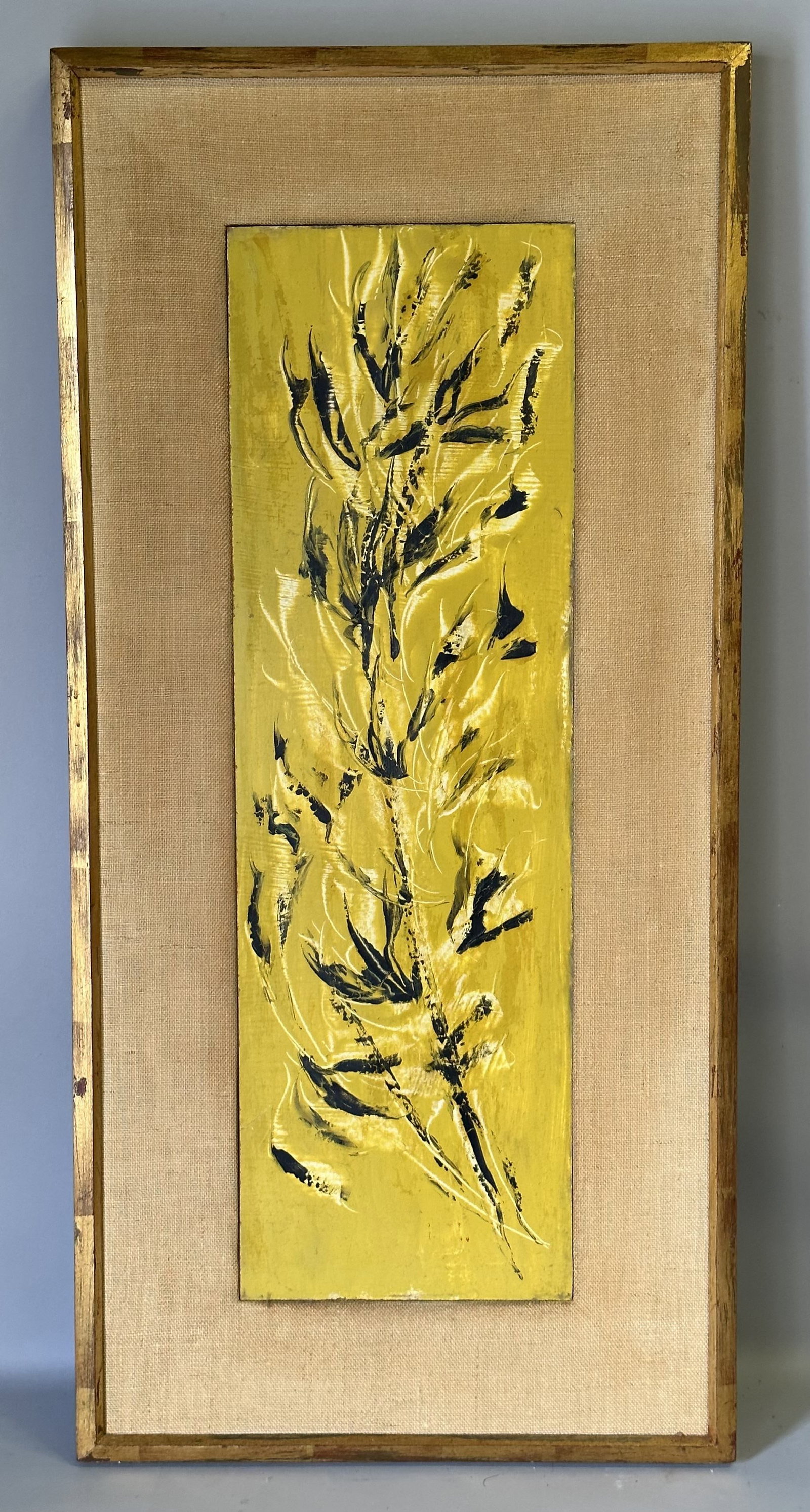 Vintage 1950's -60's Era MCM Floral Abstract Oil on Masonite Chartreuse Green: Oil on masonite. Unsigned. Sight:7.5" x 24" Frame:15" x 31"
