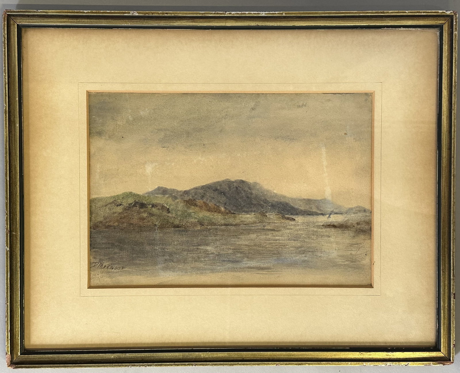 Antique British Watercolor Seascape Mountains and Solitary Sailboat by D. Marwood: Watercolor on paper. Signed D. Marwood. Sight:7.25" x 10.75" Frame: 13" x 17"