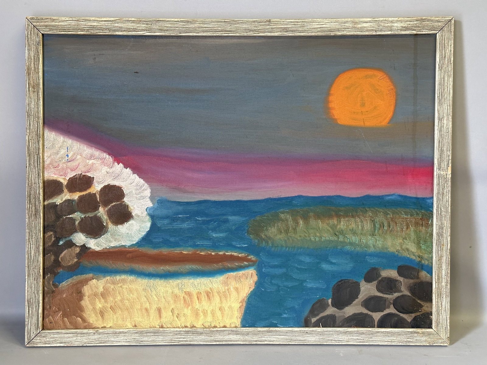Vintage Naive Outsider Folk Art Landscape Seascape w/ Setting Sun Manner of Hockney (1 of 8)