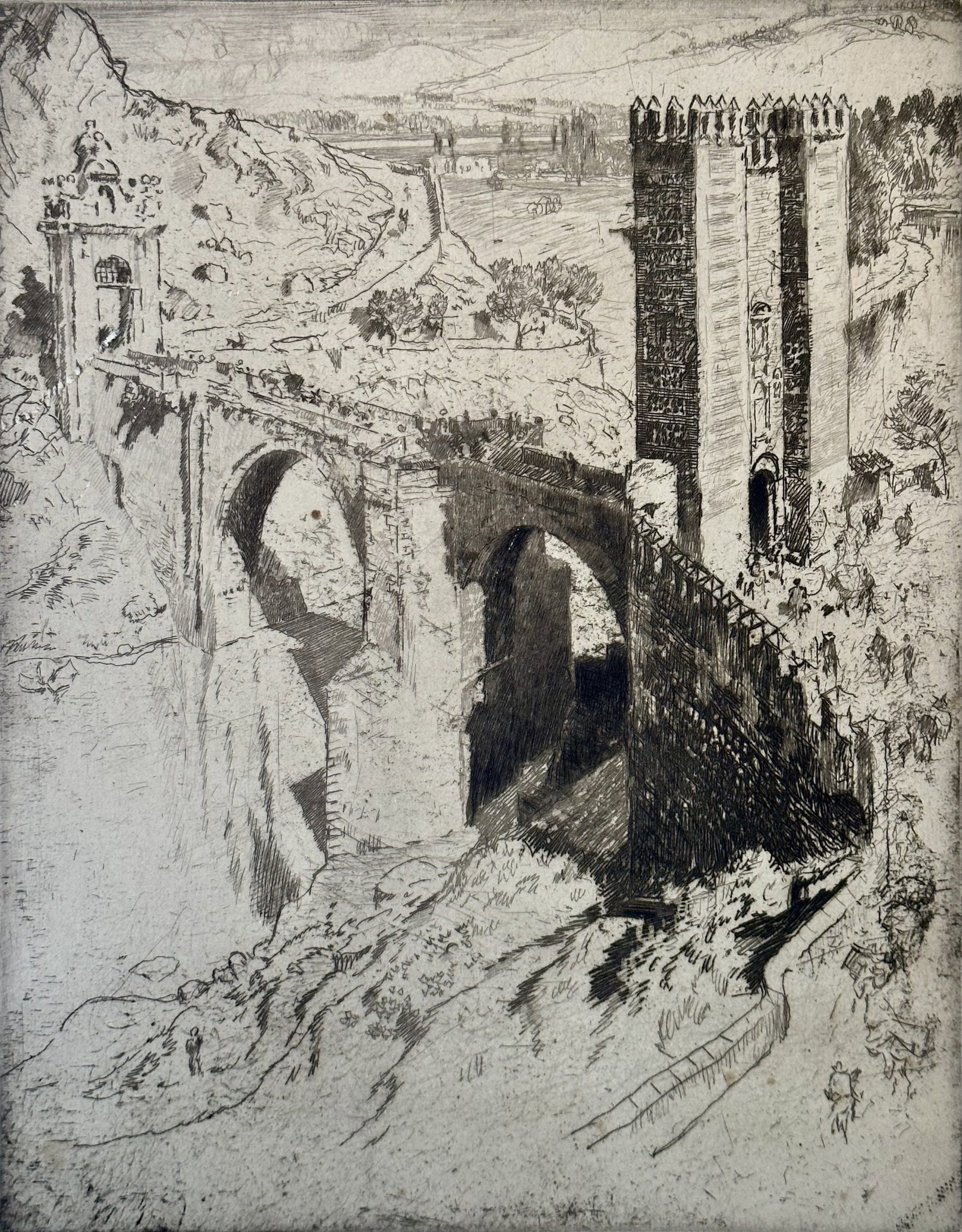 JOSEPH PENNELL (American,1858-1926) Etching "Bridge of Alcantara" A Roman Bridge in Spain. (1 of 10)