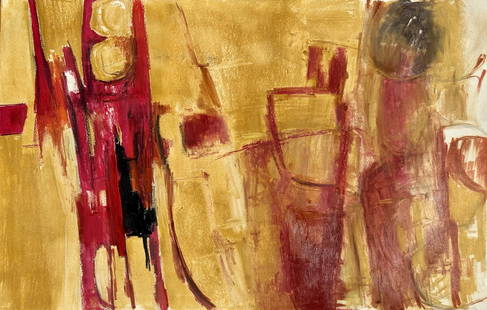 Vintage MCM Abstract Expressionist Gouache Painting "Encounter" Manner of Clyfford Still: Gouache and oil on paper. Unsigned. Mystery artist. Size: 14"x22" (No Frame)