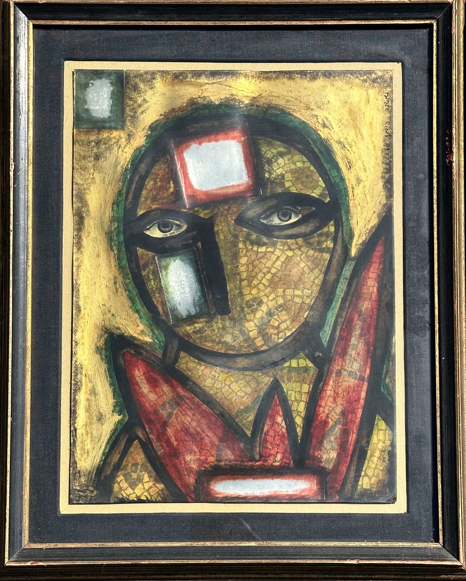 Vintage 1960's Abstract Tryptich 3 Portrait Faces Israeli Artist (1968) Mixed Media Collage Paint on (1 of 8)
