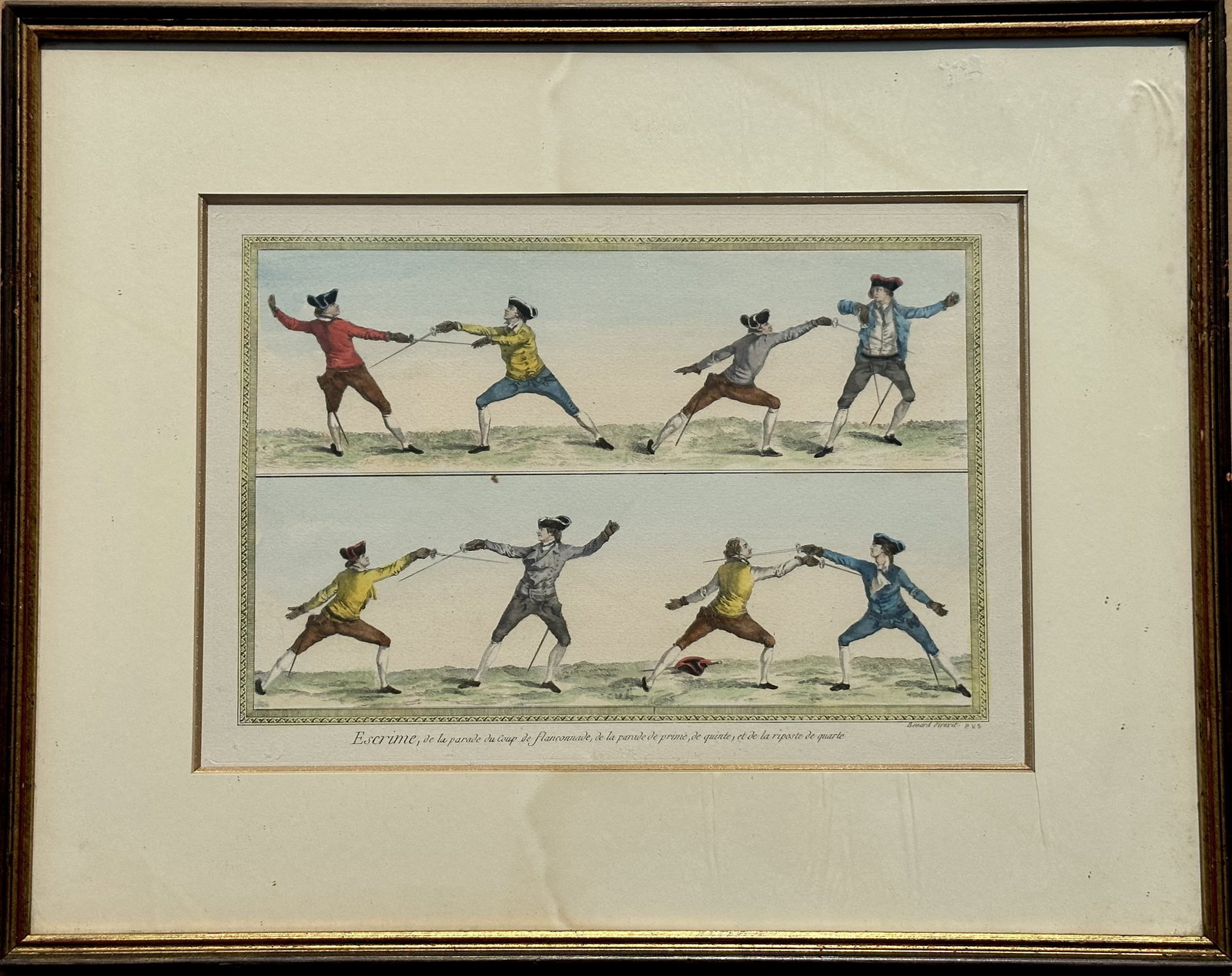 DENIS DIDEROT Antique French Engraving of Men Fencing (Escrime) Hand Colored Copper Plate: Hand colored copper plate engraving. Signed: Benard Direxit P.V.S. Sight:9.75" x 14" Frame:17.625" x 22.25"