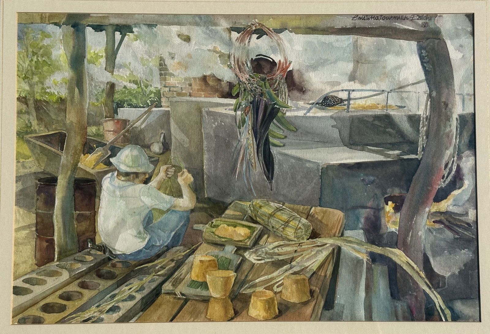 Vintage Watercolor Painting Heavy Paper Man Seated Corn Signed Cristina Beeche (1 of 8)