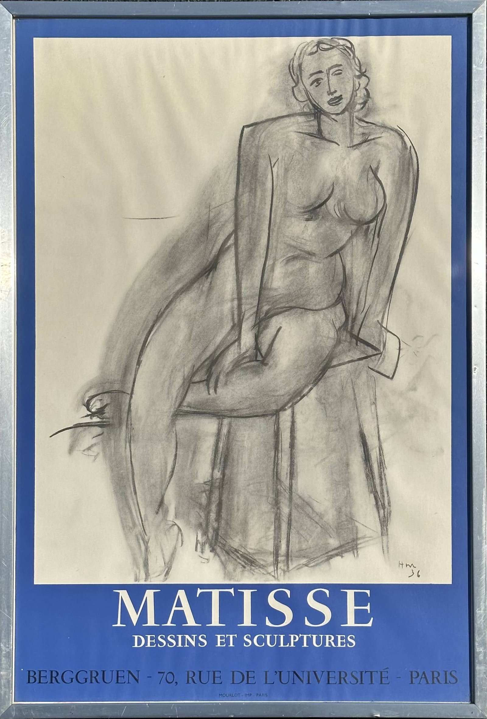 Henri Matisse Vintage Mourlot Poster Portrait of Nude Woman Exhibition Signed HM '36: Lithographic poster on paper. Signed in plate HM '36. Sight: 26"x17" Frame: 27"x18"