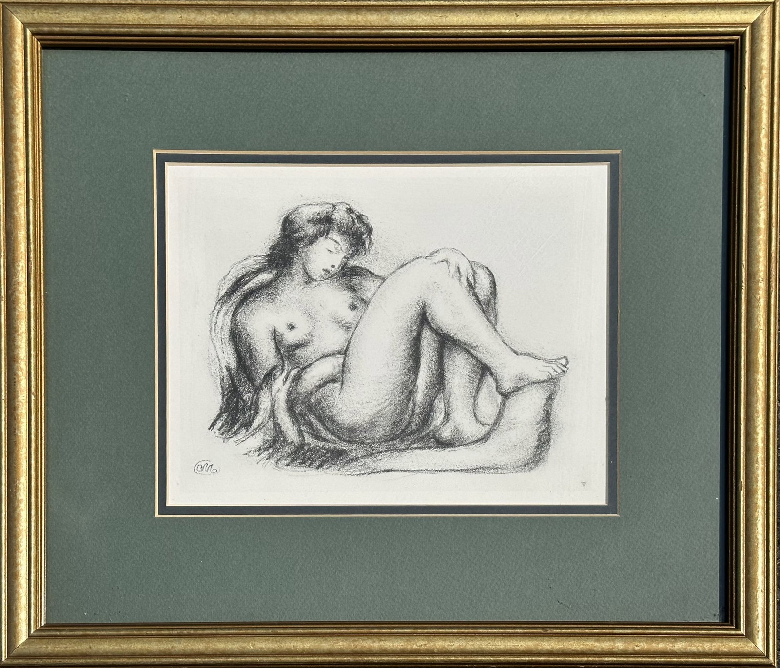 Vintage Aristide Maillol (1861-1944) Lithograph Portrait of a Nude Woman. Title: Nude on Sofa.: Lithographic print. Title: Nude on sofa. Info label verso / signed in plate. Sight: 6"x8". Frame: 14.5" x 16.5"