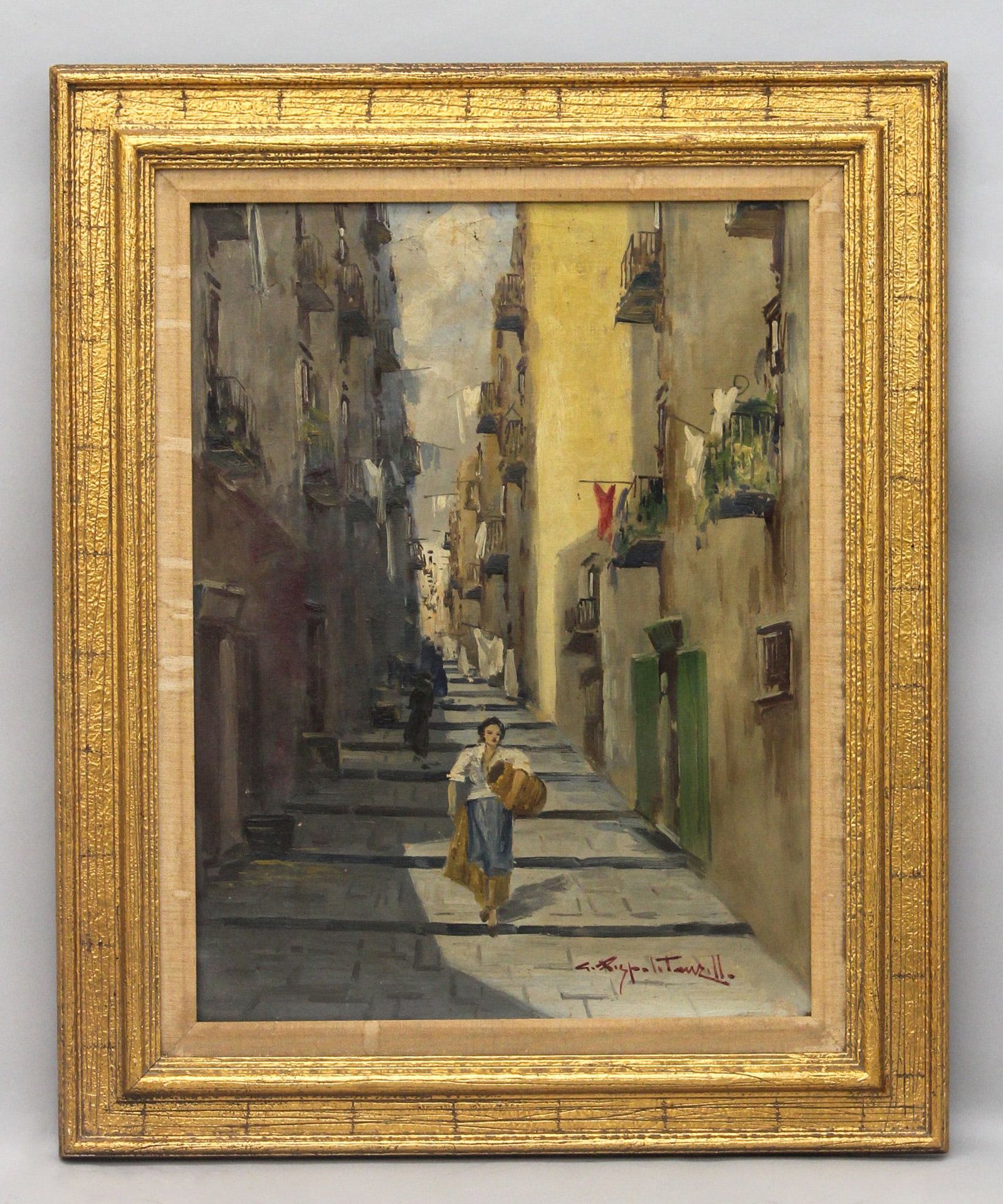 Giuseppe Rispoli (Italian, 1882-1960) Vintage, Street Scene Oil on Canvas: Giuseppe Rispoli (Italian, 1882-1960) Vintage, Street Scene oil on canvas, signed lower right, 19"h x 14"w (sight) 25"h x 21"w (frame)