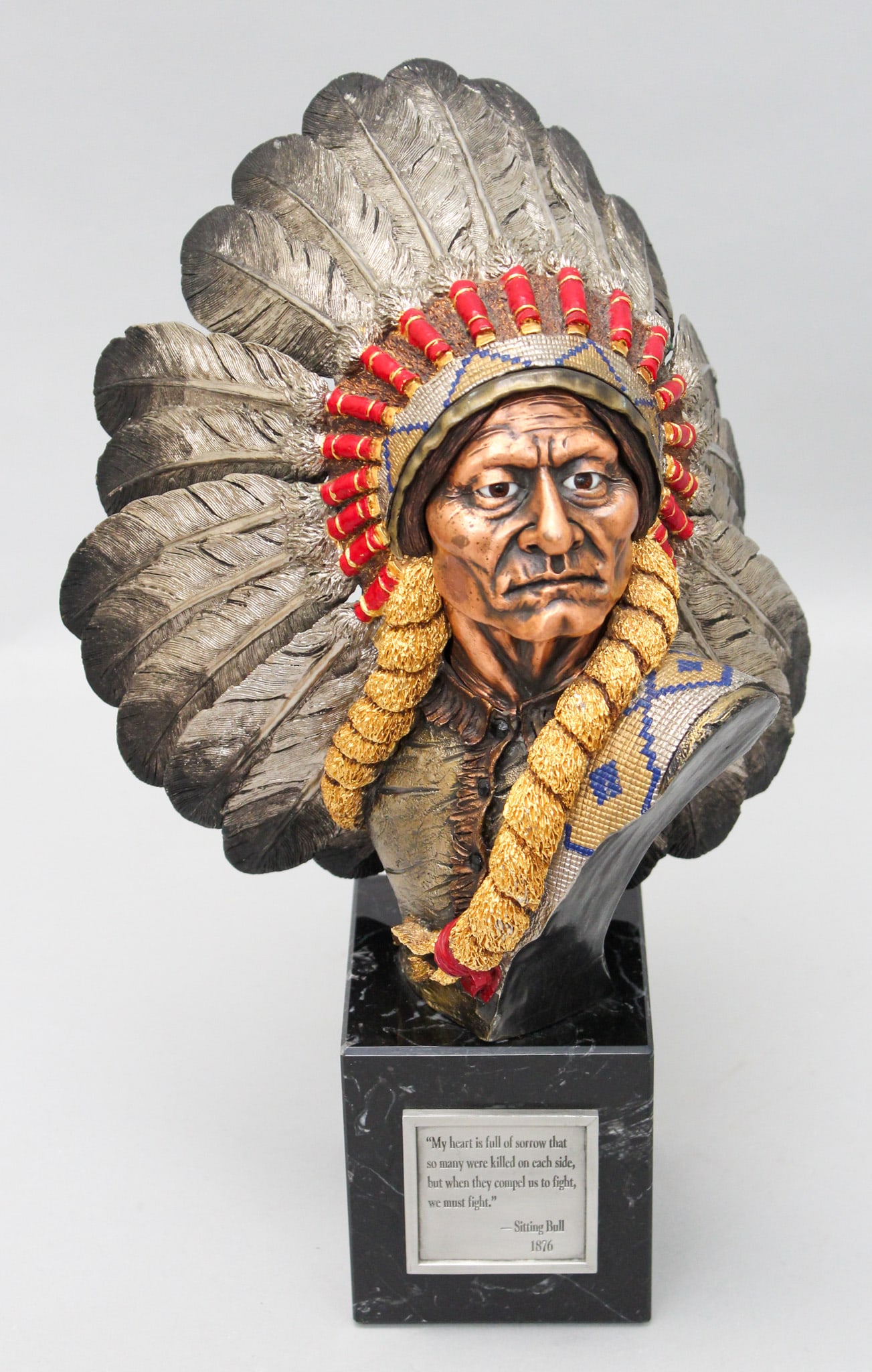 Limited Edition Sitting Bull Bust Signed: Limited edition Chilmark pewter Sitting Bull bust signed Slockbower, 656/750 92, on marble plinth, 13.5"h x 8.5"w x 8"d, 18Lbs