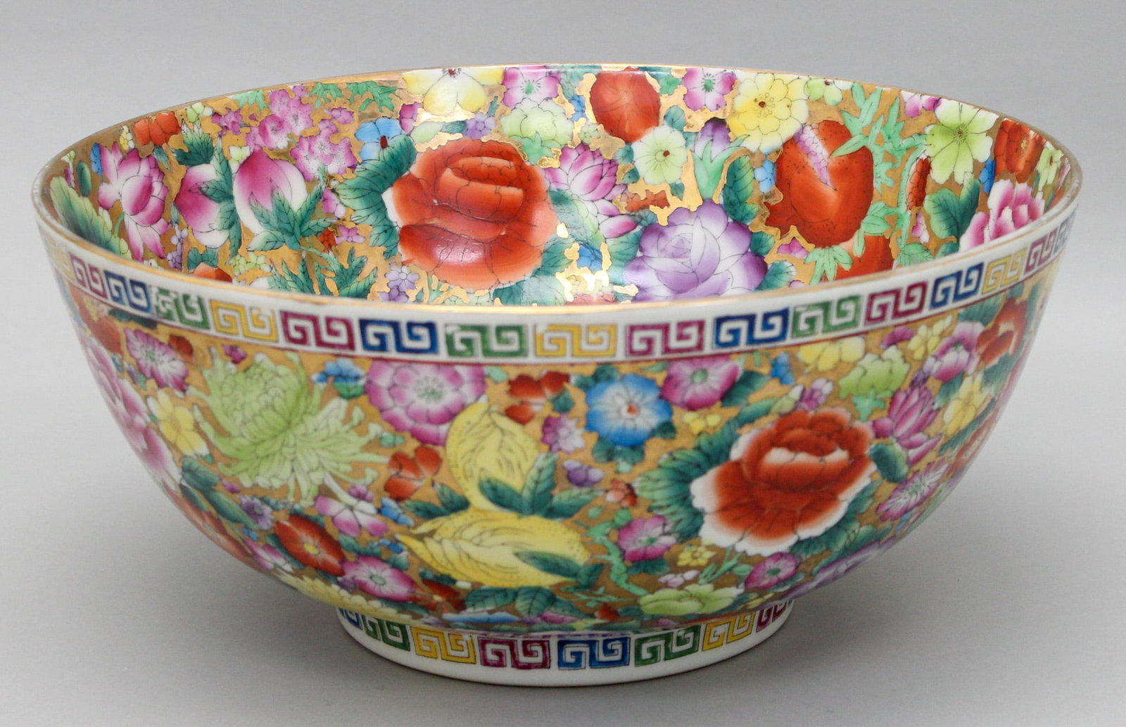 Chinese Porcelain Gilded Punch Bowl with Thousand Floral Pattern: Chinese porcelain gilded punch bowl with thousand floral pattern, 6.5"h x 14"d