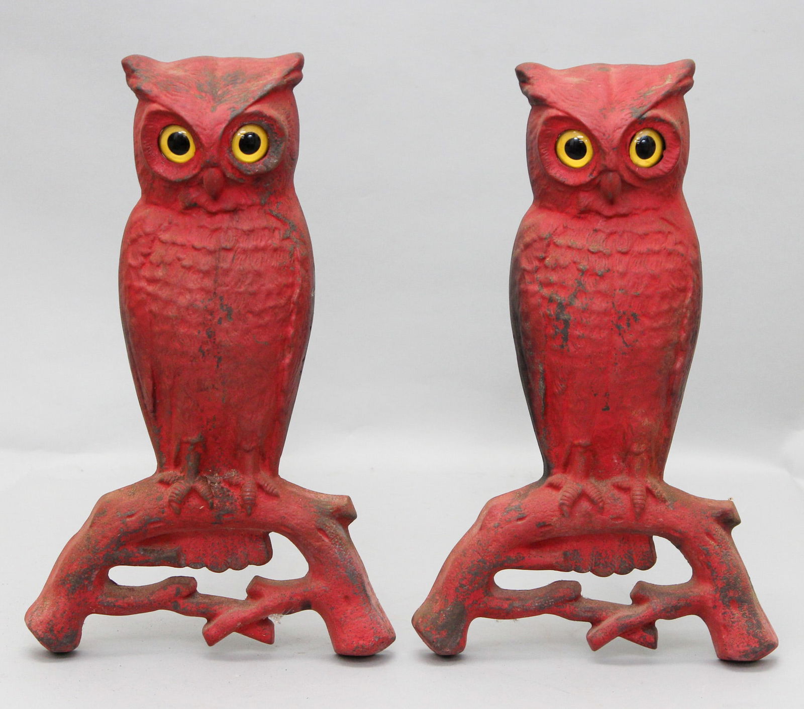 Pair of Vintage Cast Iron Owls Fireplace Andirons with Glass Eye (1 of 8)