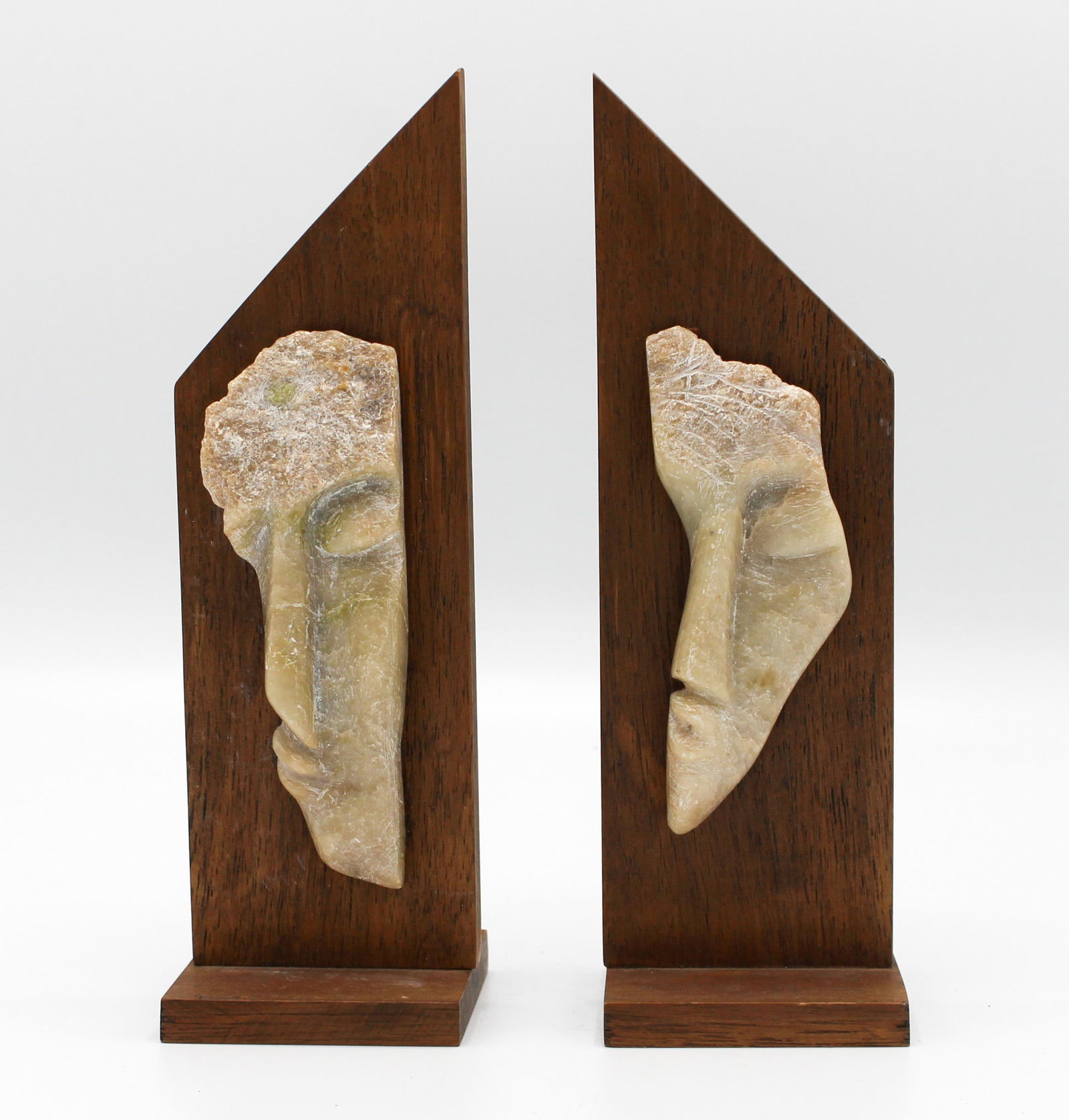 Pair of Book Ends with Soap Stone Carved Faces Mounted on Wood (1 of 6)