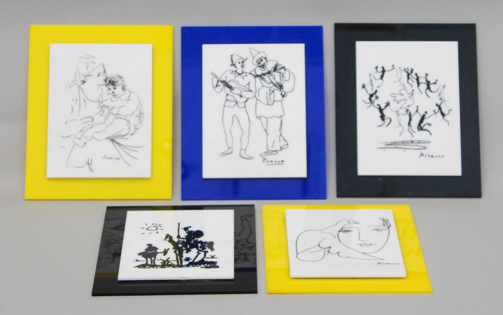 Group of (5) Picaso Line Drawing Images: Group of (5) Picaso line drawing images, silk screen on lucite, label on verso, each 5.75"h x 4.25"w (sight), 7.5"h x 6"w (frame)