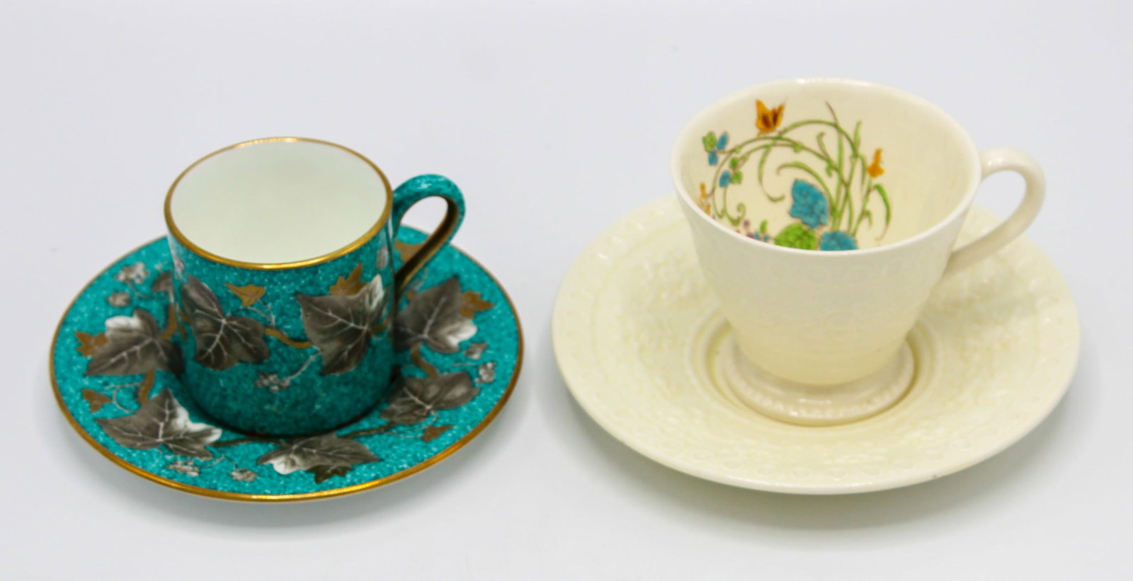 Vintage Group of (2) Assorted Sets of Tea/Demitasse Cups with Saucers: Vintage group of (2) assorted sets of tea/demitasse cups with saucers, marks on bottom, (1) Wedgwood Bone China N 1 w 3758, cup 2"h x 2"d, saucer 4.75"d, (1) Wellesley Wedgwood, made in England, U.S. 