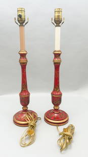 A Pair of Vintage Art Deco Painted Wooden Table Lamps: A Pair of vintage art deco painted wooden table lamps, 21"h x 5"w x 5 "d