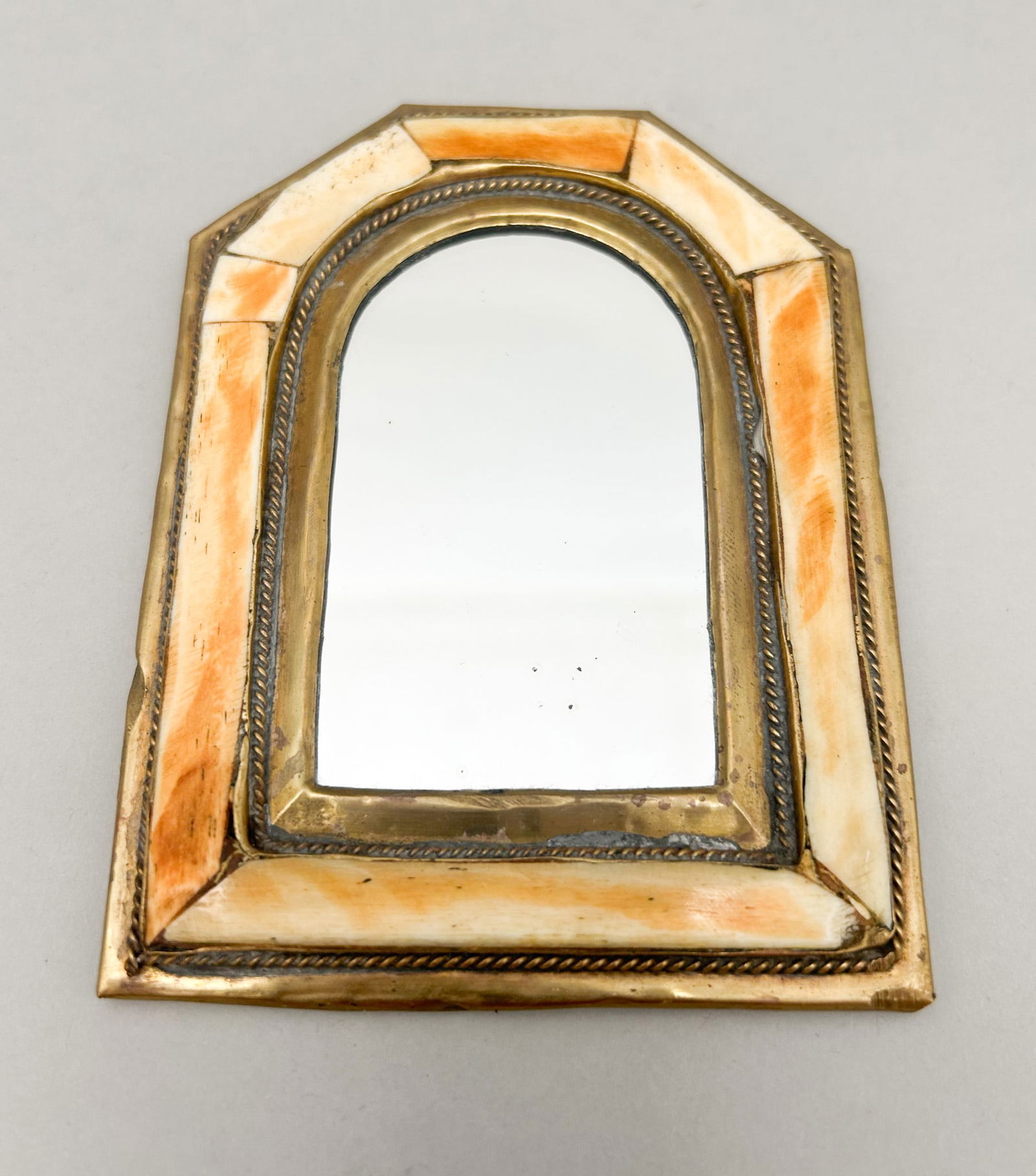 Vintage Handmade Camel Bone Brass Mirror: Vintage handmade camel bone brass vanity mirror, 4.75"h x 3.5"w