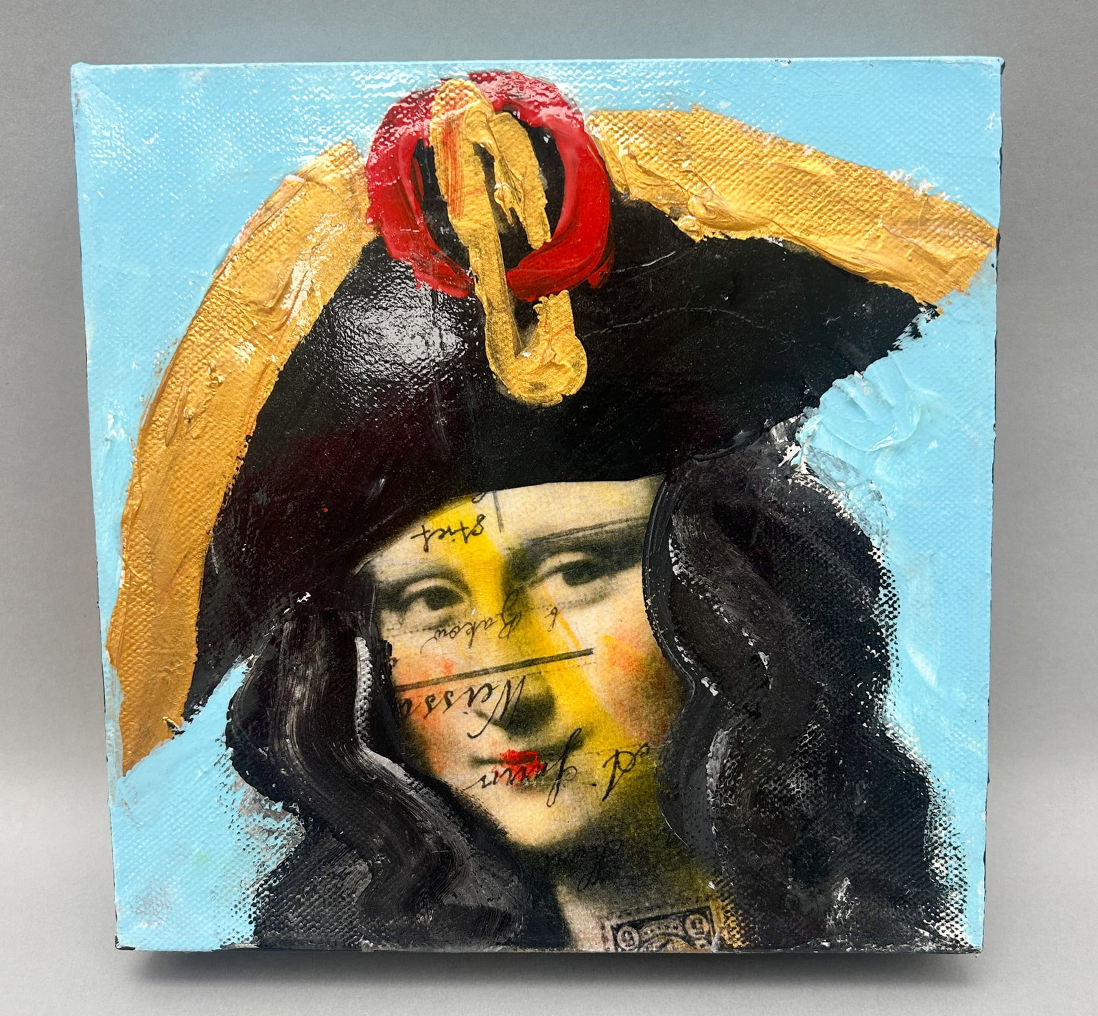 Oil Painting Pop Art: Oil painting on canvas, pop art of Mona Lisa depicted as a pirate, 8"l x 8"w