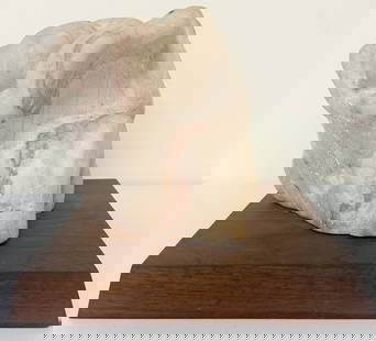 Mid Century Modern Marble Sculpture Mounted on Wooden Frame, Unsigned: MCM Marble sculpture mounted on wooden base, unmarked, wooden base 2"h x 13"w x 13"d and sculpture 9"h x 9"w x 9"d