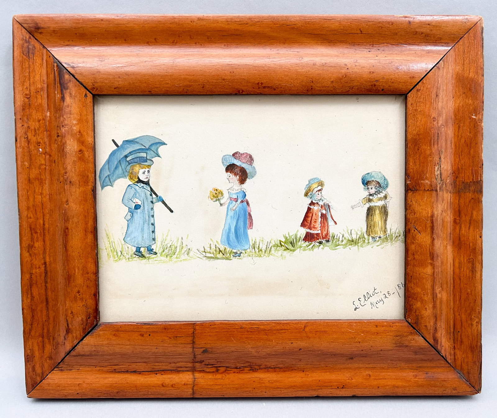 Vintage Watercolor Painting of a Colonial Family, Signed by L. Elliot: Vintage watercolor of a family from the colonial period, framed in a thick scalloped country-styled, signed by L. Elliot May 28-86, frame size 9"h x 11"w sight size 5.5"h x 7"w, and at the backside of