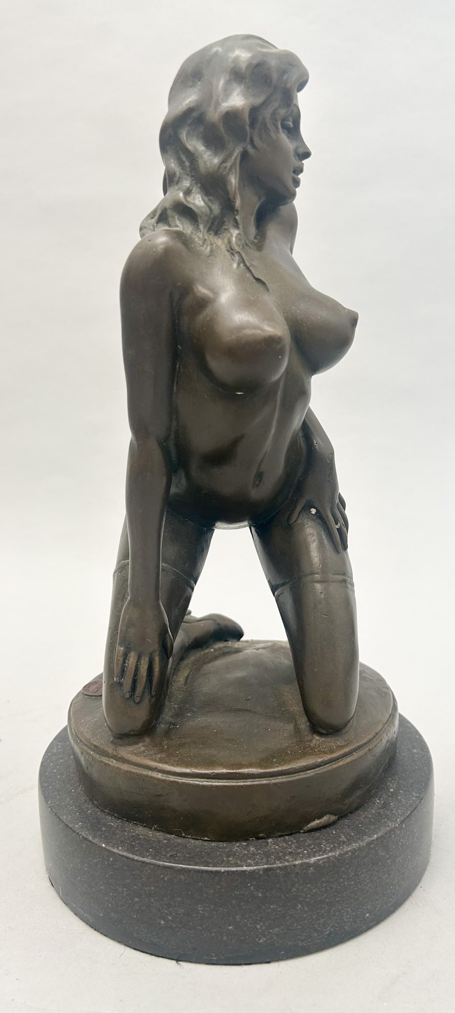 Nude Pin-up Art Deco Style Bronze Statue: A MCM erotic art bronze Sculpture of a nude female on marble frame, 12"h x 7"w x 7"d