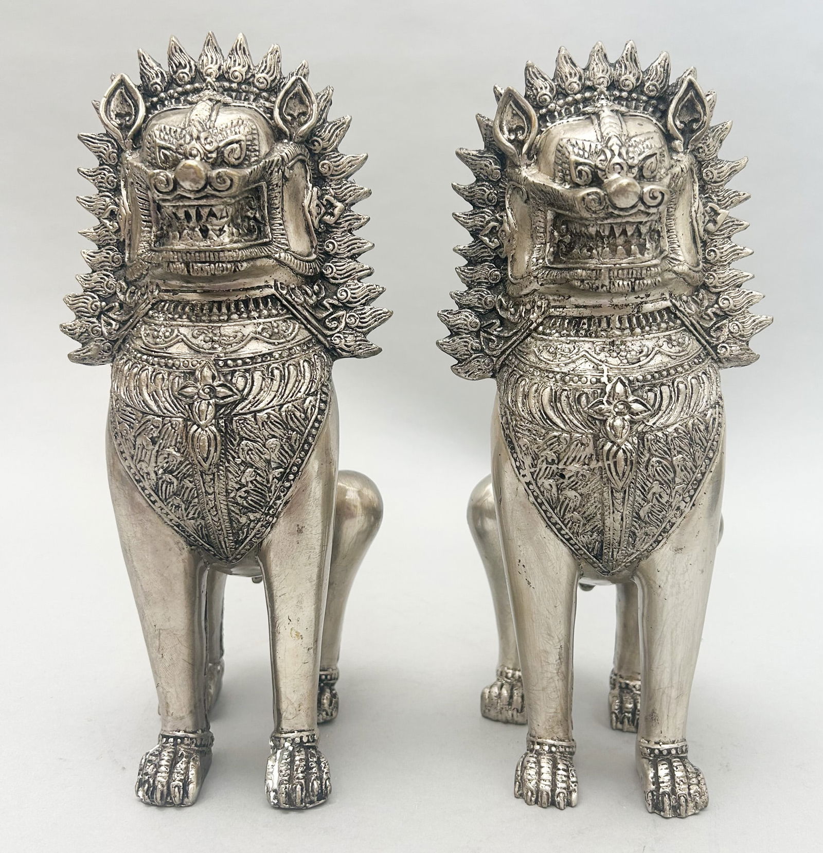 A Pair of (2) Vintage Iron Standing Foo Dog Khmer Style, Unsigned (1 of 12)