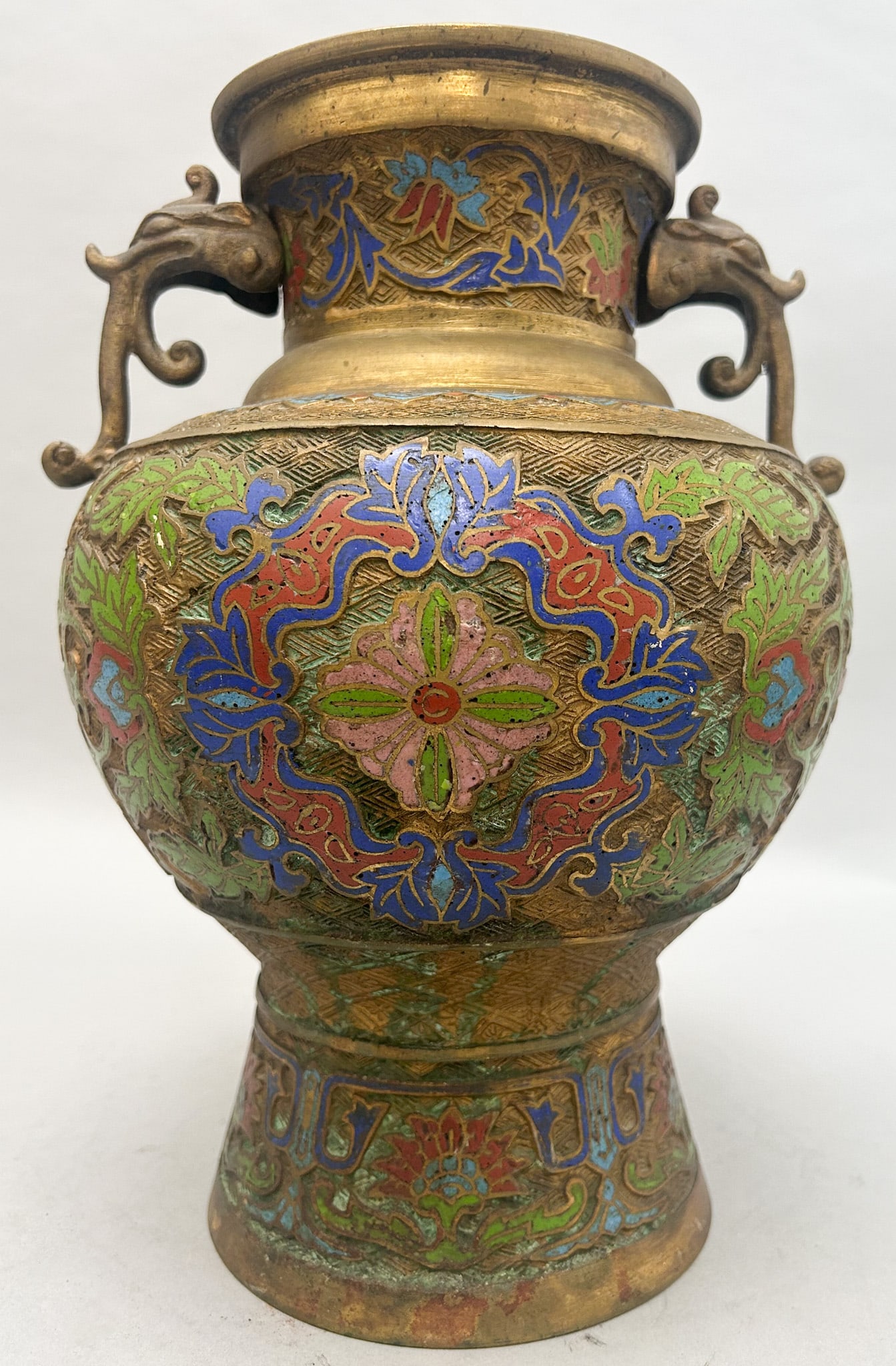 Vintage Japanese Brass Floral Motif Champleve Enamel Urn Vase (1 of 11)
