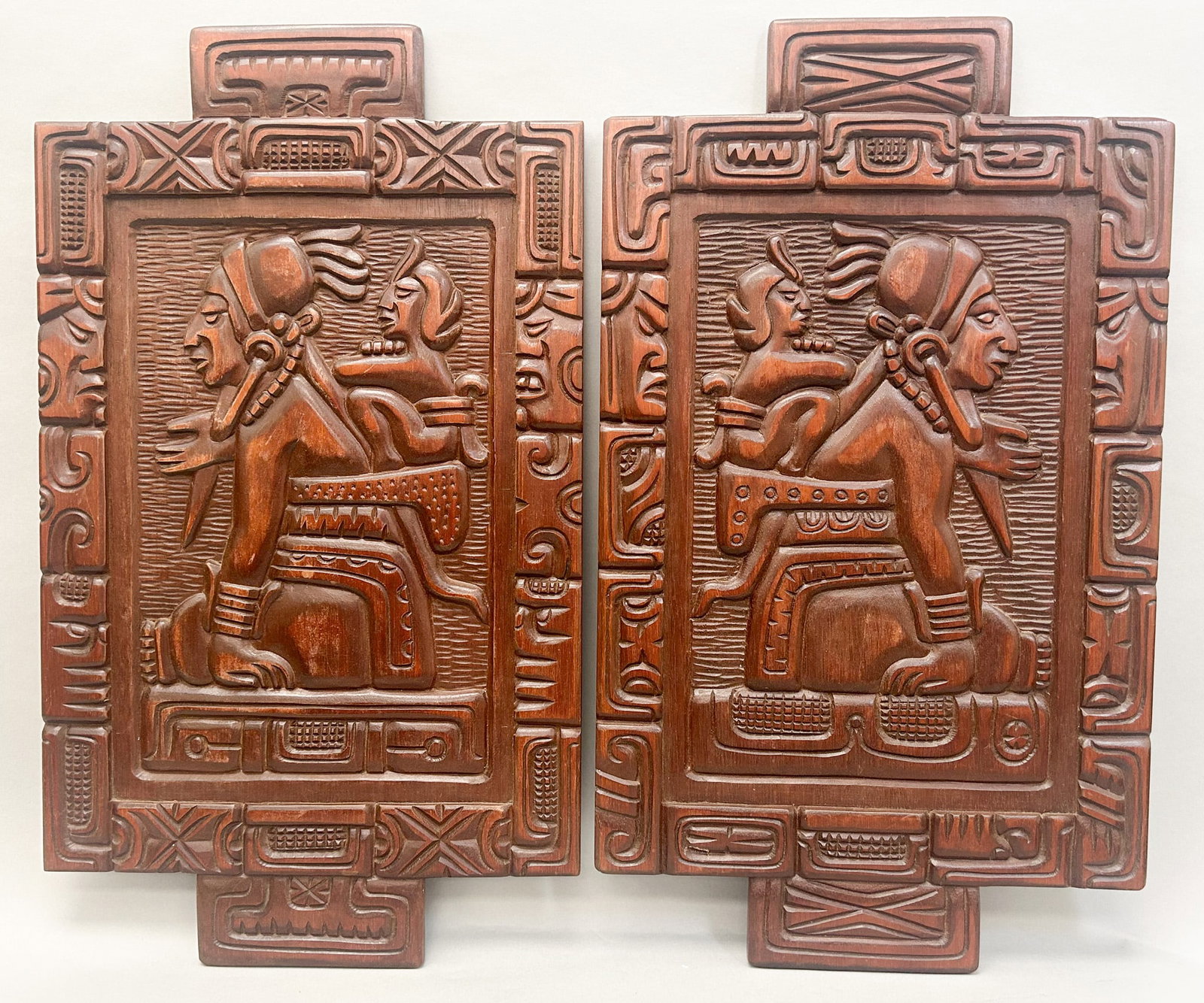 A Pair of (2) Vintage Mayan Tiki Wood Trays, Mid Century, Honduras, Signed/Marked: A pair of (2) vintage Mayan Tiki wood Honduras Mahogany-Indigenous hand carved, mid century, signed/marked, 20"l x 11.75"w