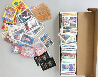 Vintage Basketball, Baseball, Hockey and Football Cards, Wax Packs, Donruss Set: 1990 basketball wax pack, Desertstorm/SKYBOX/NBA 1998 topps wax packs, 2021 NFL Panini total wax pack, 1988 Donruss set, over 200 baseball cards